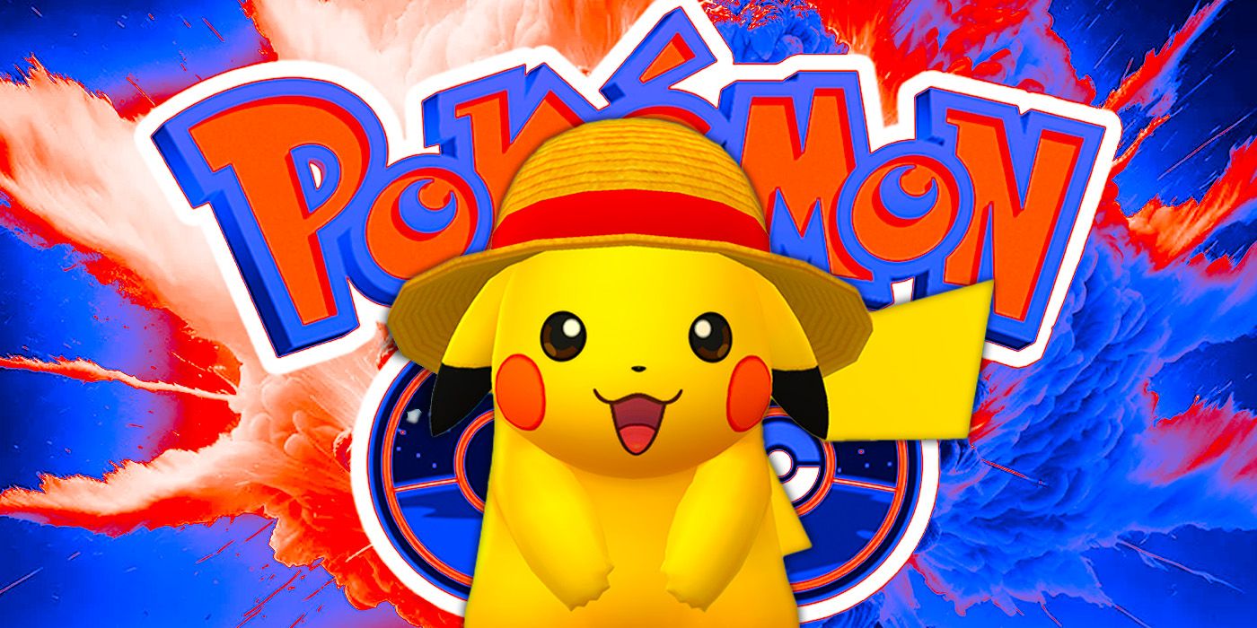 Pikachu in a hat in front of the Pokémon GO logo.