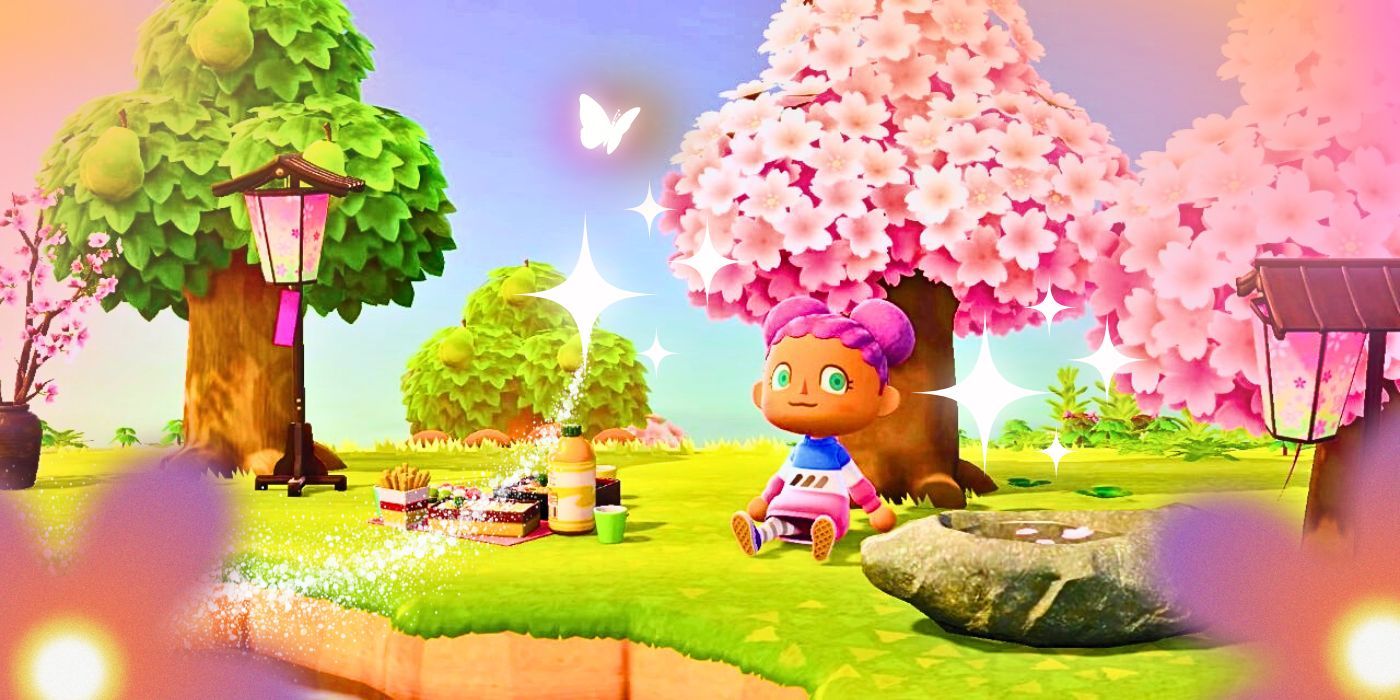 A pink-haired gamer sits next to a cherry blossom tree surrounded by bento boxes and sakura items during cherry blossom season in Animal Crossing to New Heights