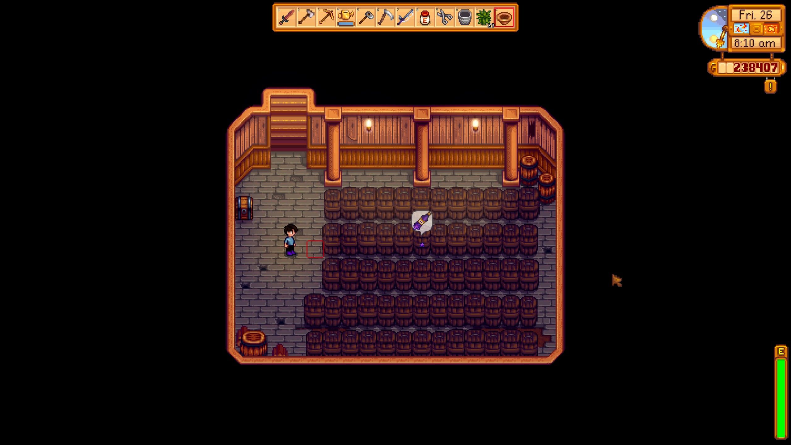 Player Looking At Wine Casks In Stardew Valley Farmhouse Cellar