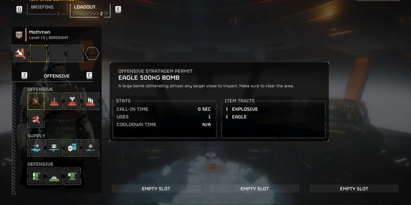 Jogador selecionando Eagle 500kg Bomb como estratagema em seu carregamento de missão Helldivers 2.