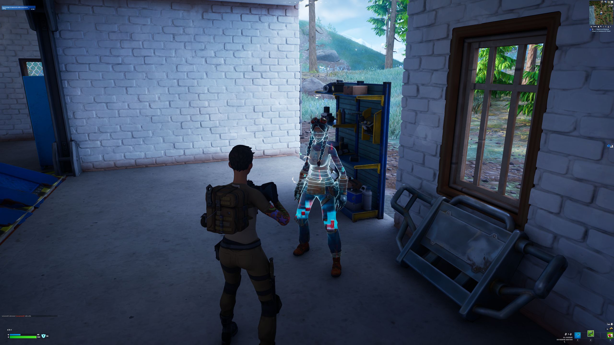 Jogador conversando com Jules no prédio de um posto de gasolina destruído em Fortnite Capítulo 5, temporada 2