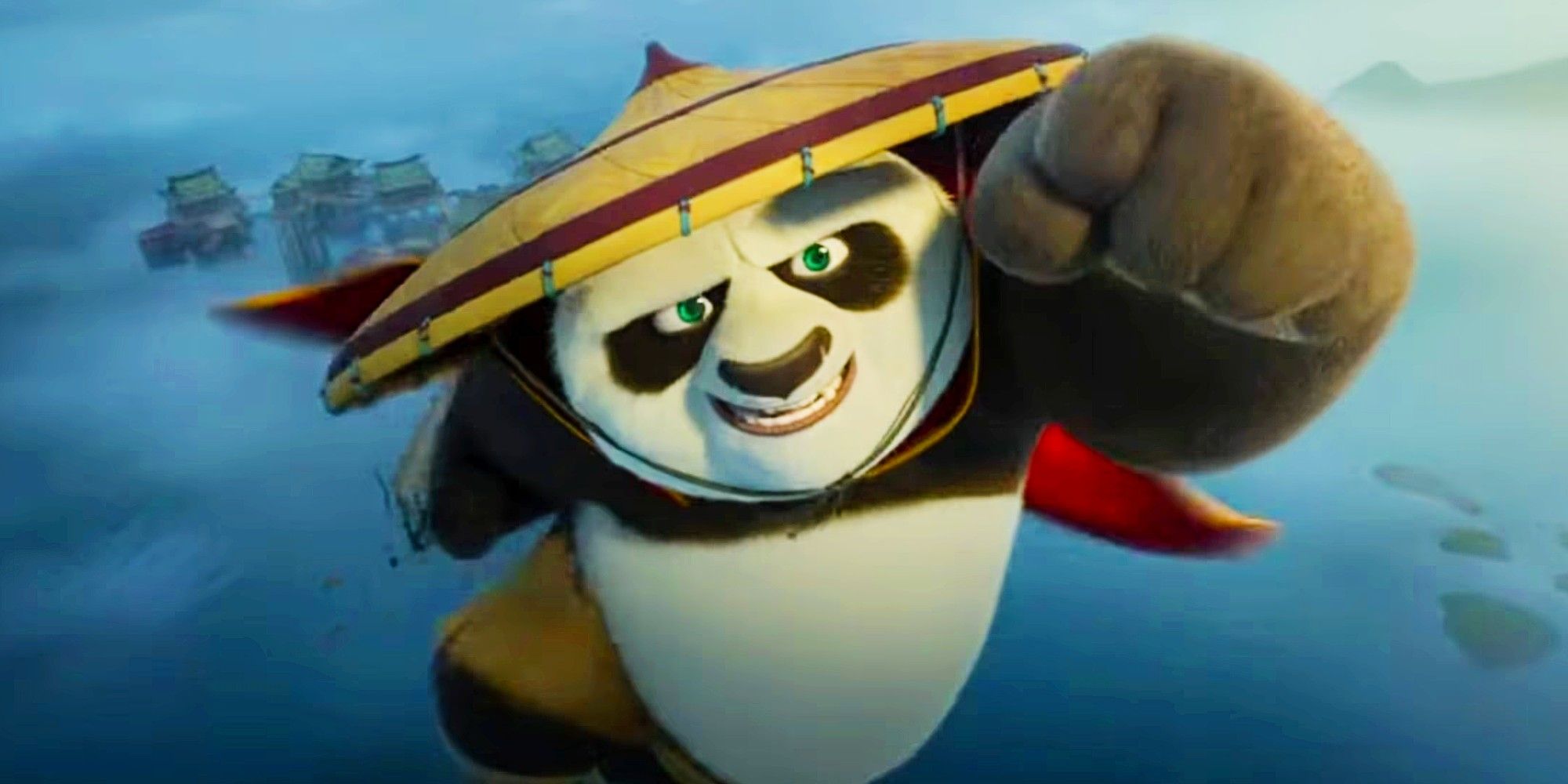 Po flying through the air with his fist outstretched in Kung Fu Panda 4