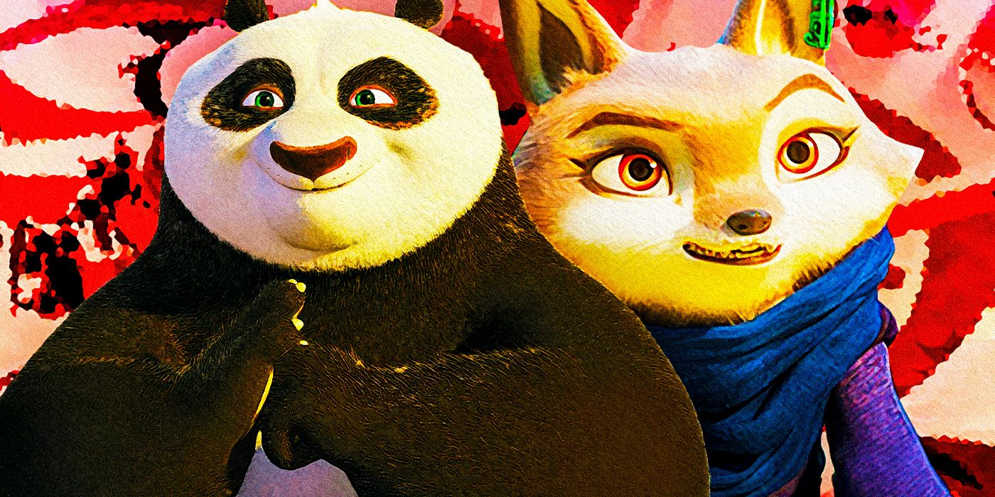 A composite image of Po doing a pose while smiling and Zhen looking determined against a red backdrop in the Kung Fu Panda movies