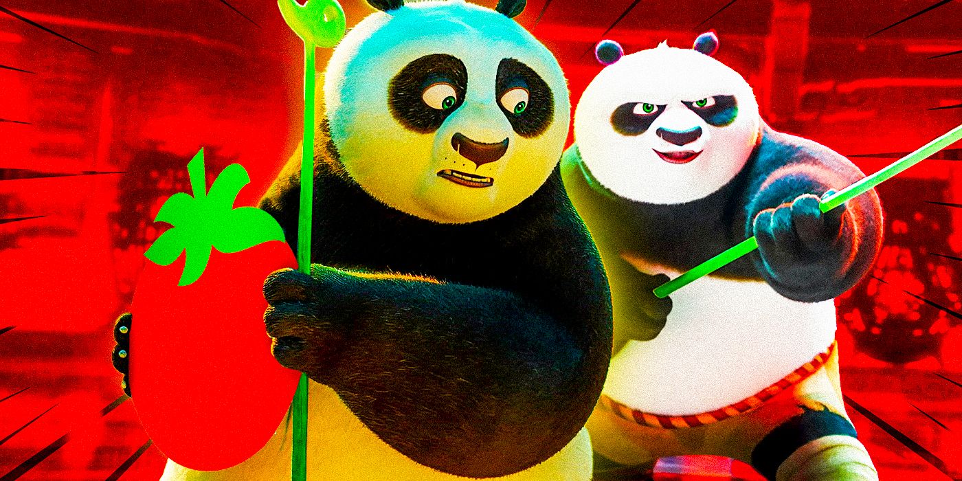 Po holding the Rotten Tomatoes logo and Po in Kung Fu Panda 4