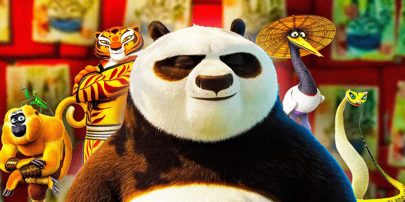 Po in Kung Fu Panda 4 with the Furious Five characters behind him