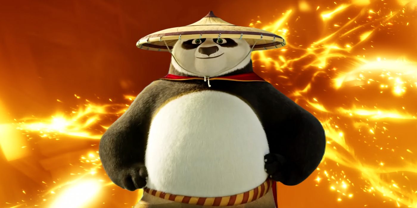 Po in Kung Fu Panda 4 in front of a fiery background