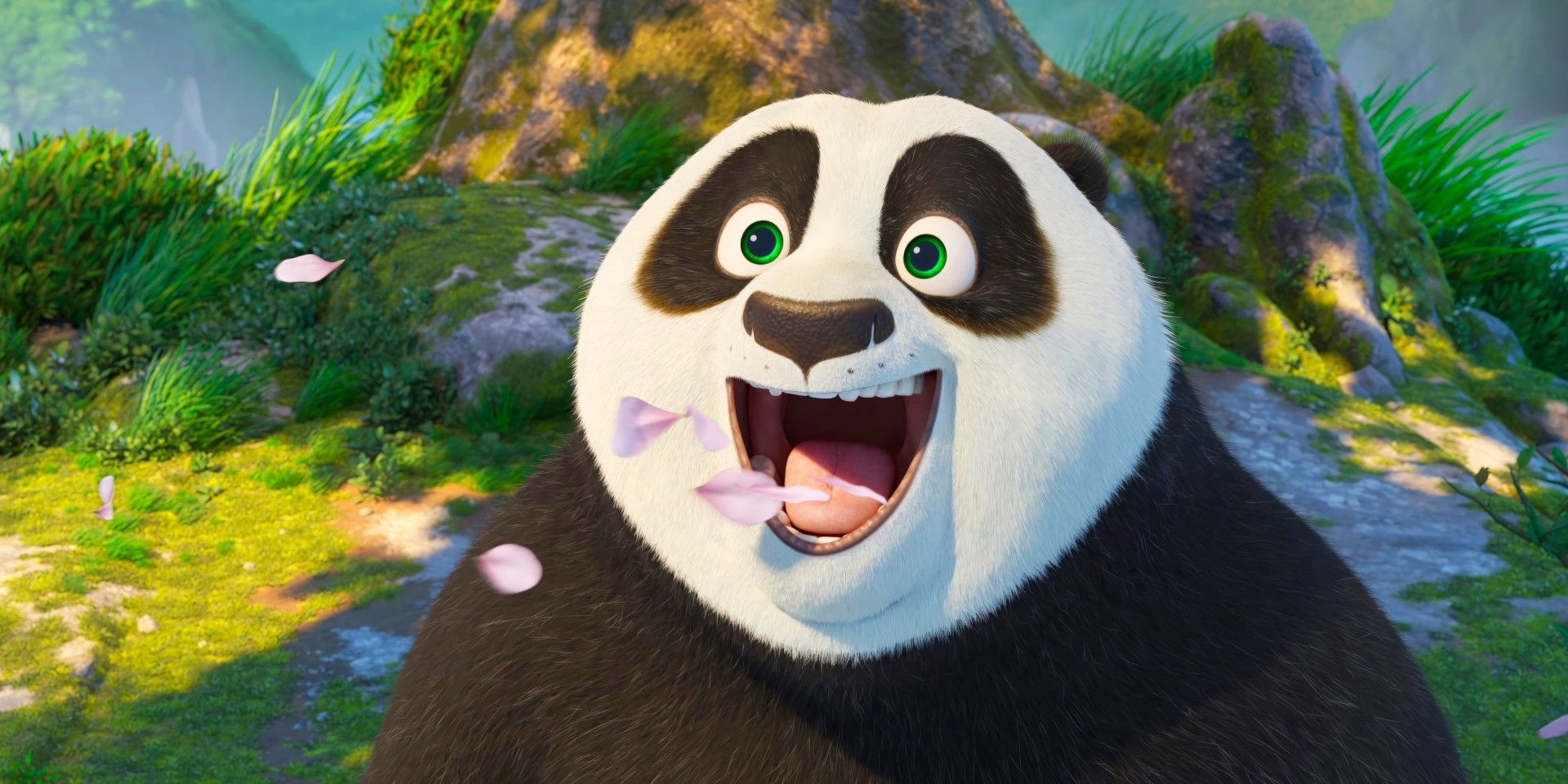 Po looking out in awe and joy with his mouth hanging open as flower petals flutter by in Kung Fu Panda 4