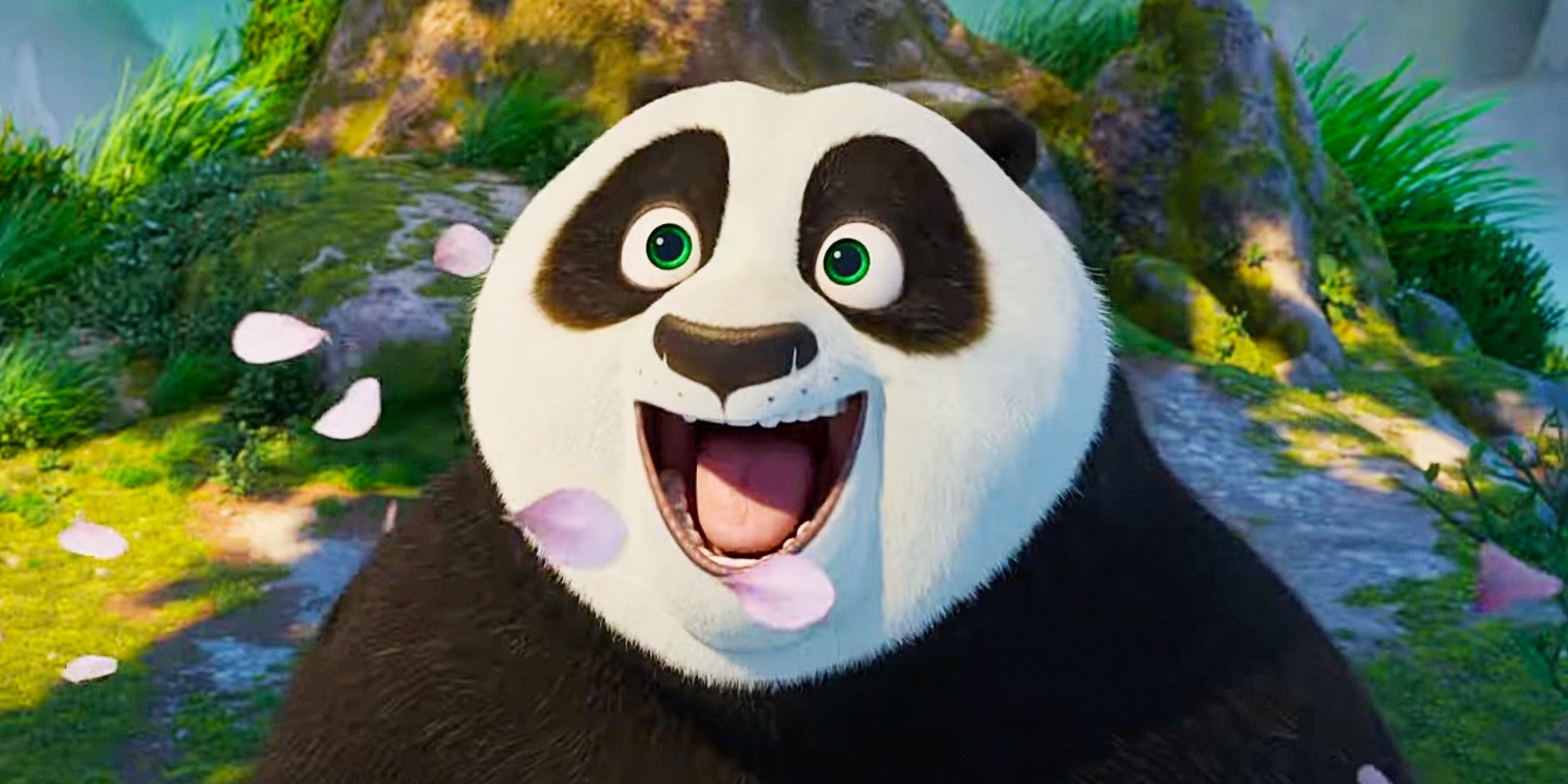 Po smiling widely with his mouth hanging open as flower petals drift on the wind around him in Kung Fu Panda 4