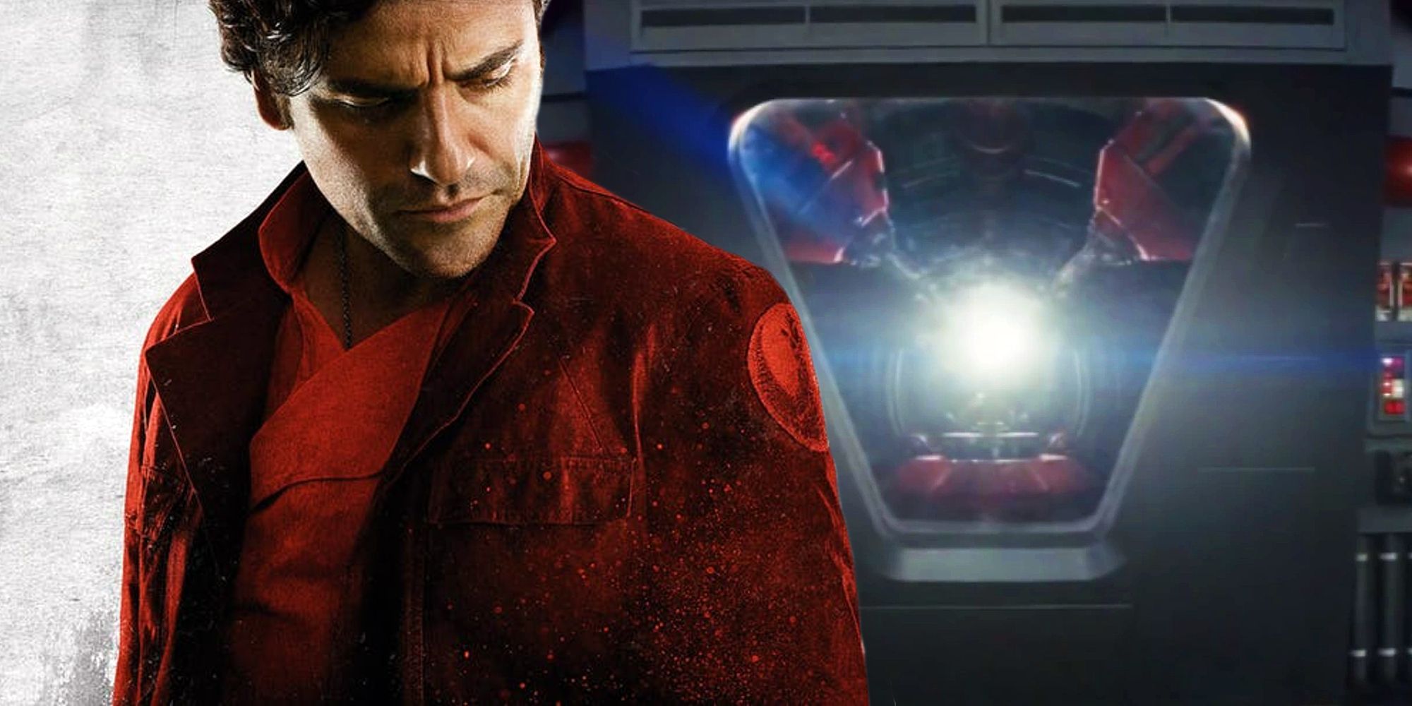 Poe in a red cloak from his character poster for The Last Jedi next to the film&rsquo;s Hyperspace Tracker