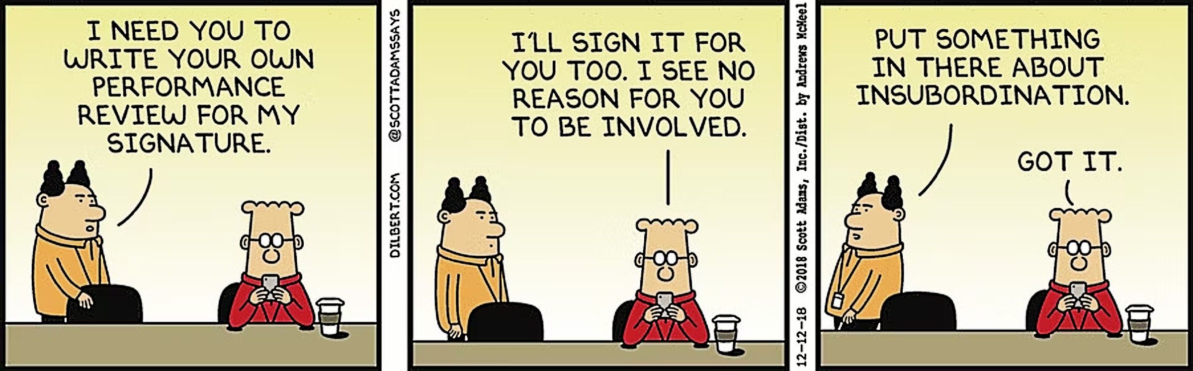 Pointy-Haired Boss asks Dilbert to do his own performance review
