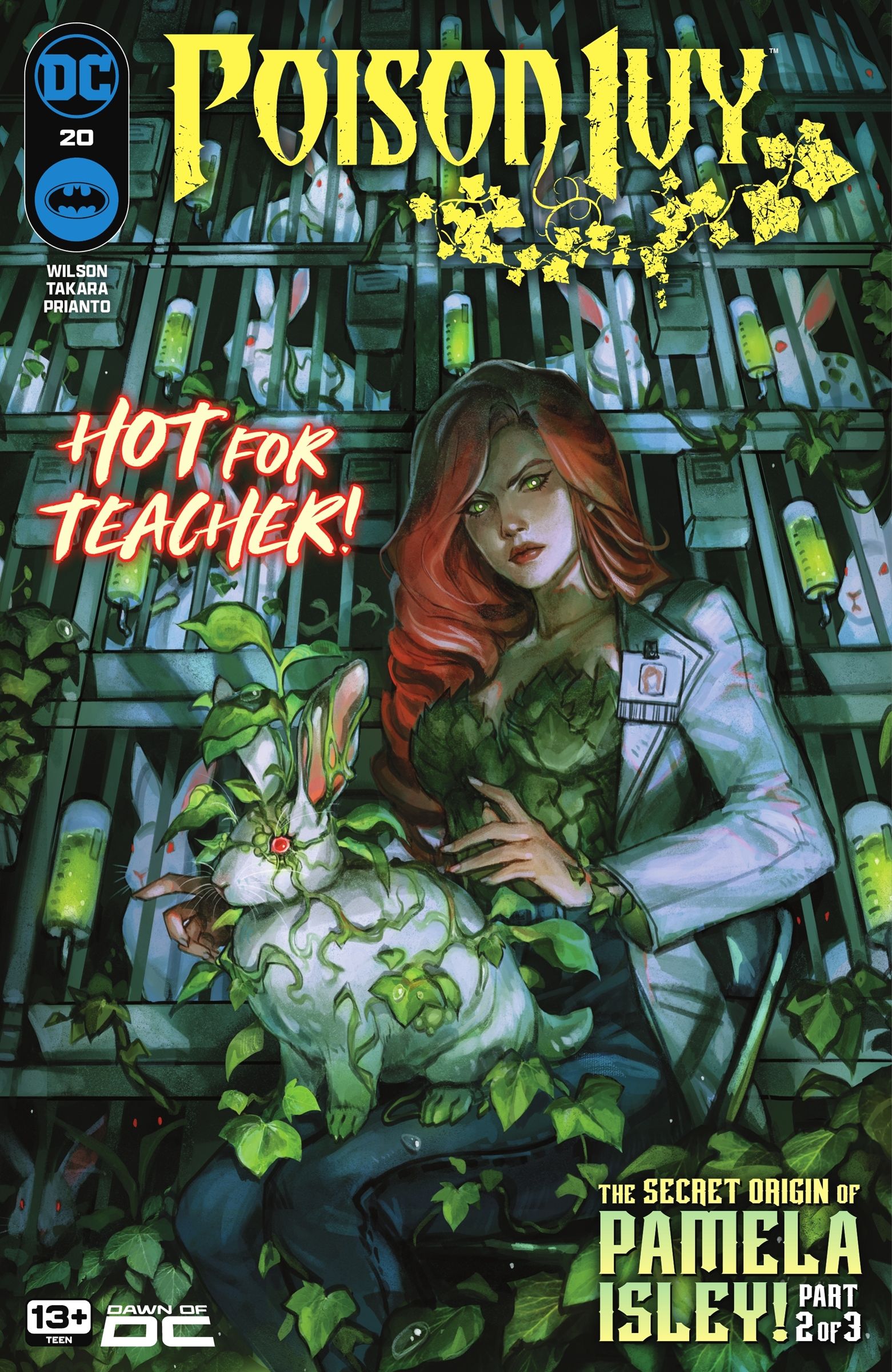 Poison Ivy 20 Main Cover: Pamela Isley pictured in front of laboratory rabbits with vines surrounding them