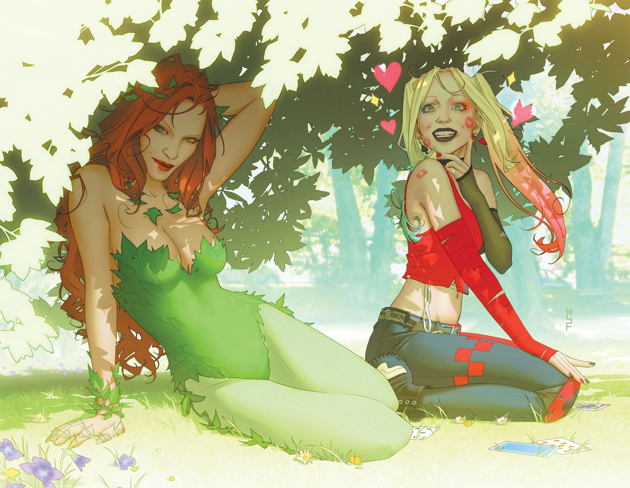 Poison Ivy 23 Harley Quinn 41 Pride Variant Cover: Poison Ivy and Harley Quinn sit side by side.