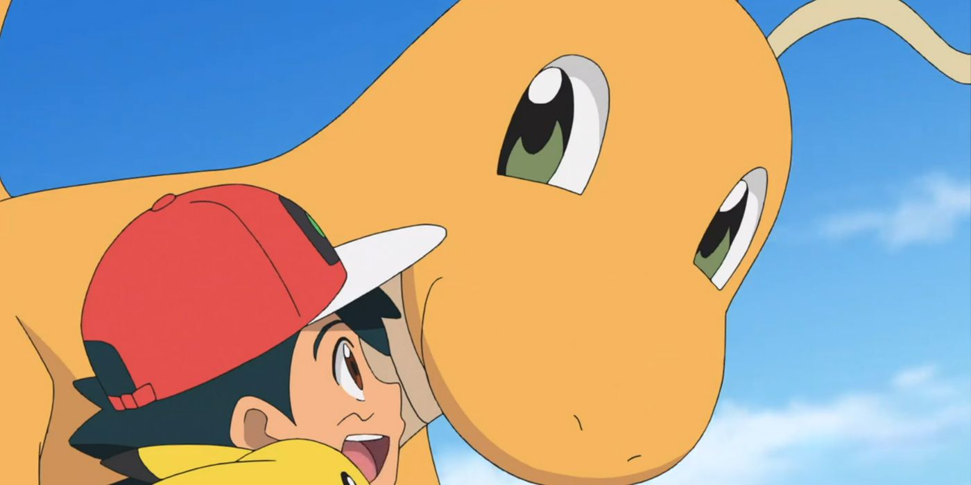 Pokémon: Dragonite de Ash carregando Ash e Pikachu.