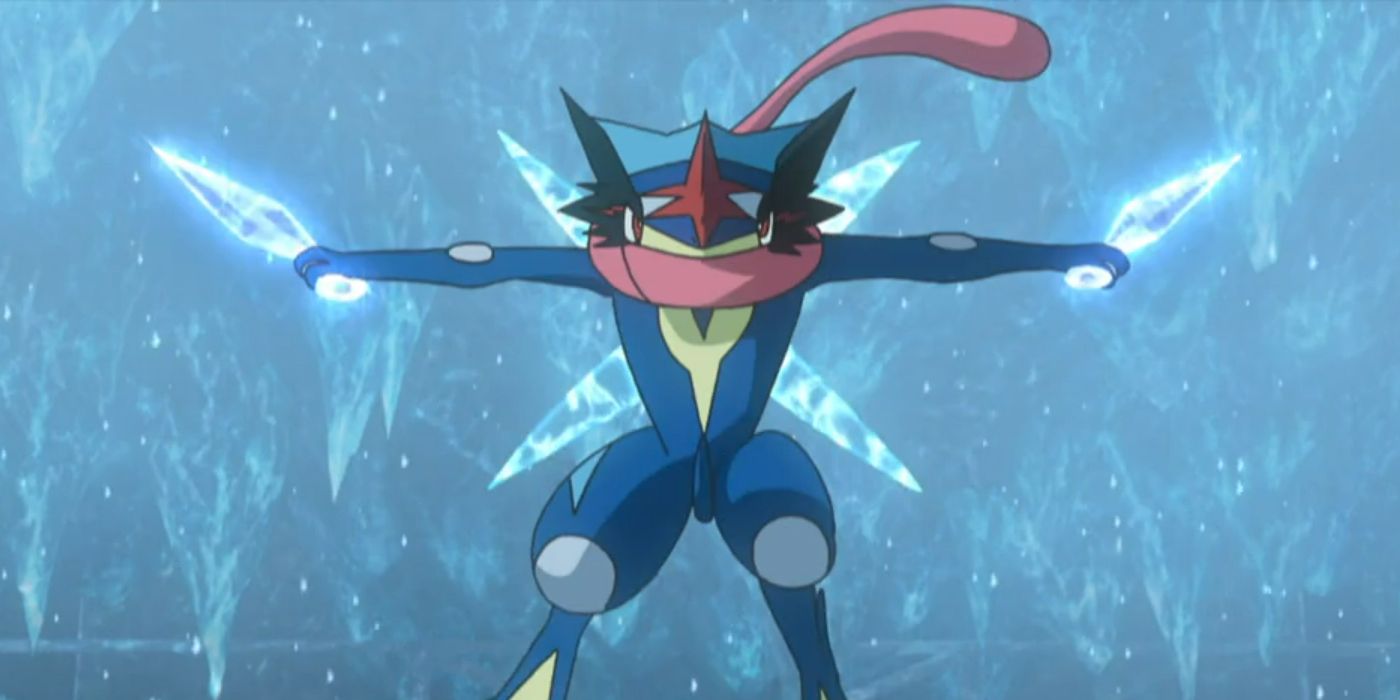 Pokemon's Ash-Greninja wielding two kunai made of water.