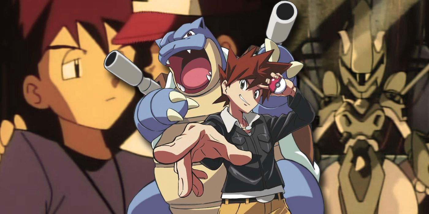 Pokemon's Gary and Blastoise are front and center, with images of Gary's loss and Mewtwo in armor behind them.