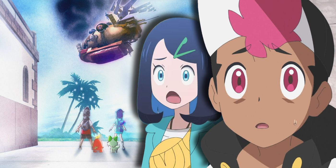 Pokemon Horizons: Liko and Roy react in horror to the airship crashing.