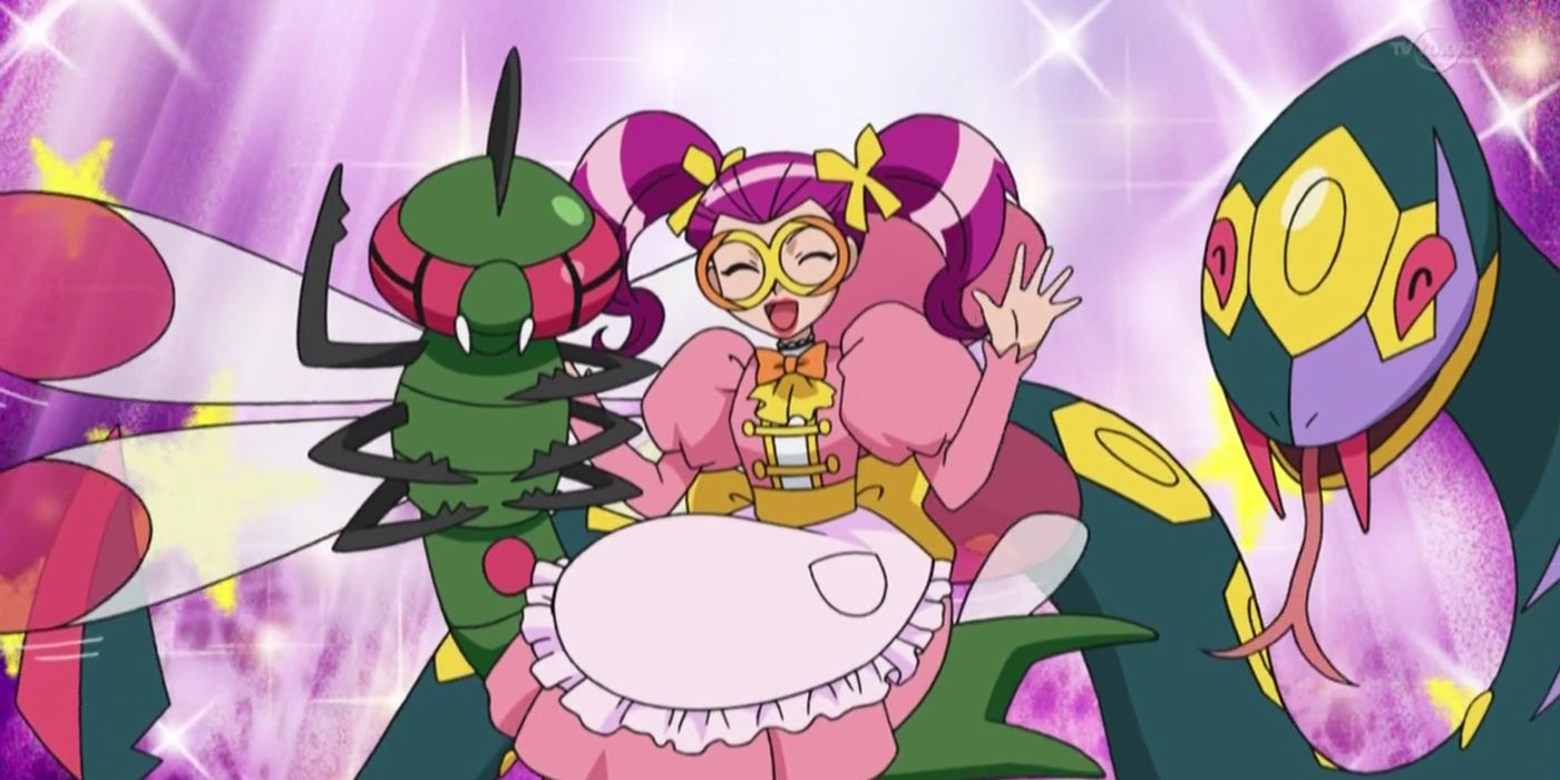 Pokemon's Jessie in disguise, with a Yanmega to her left and Seviper to her right.