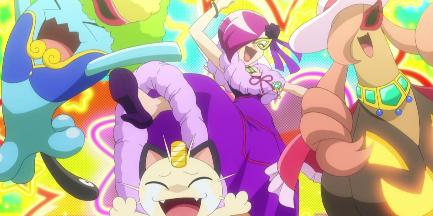 Pokemon: Jessie as &ldquo;Jessilee&rdquo; celebrates a win with Wobbuffet, Meowth, and Gourgeist.
