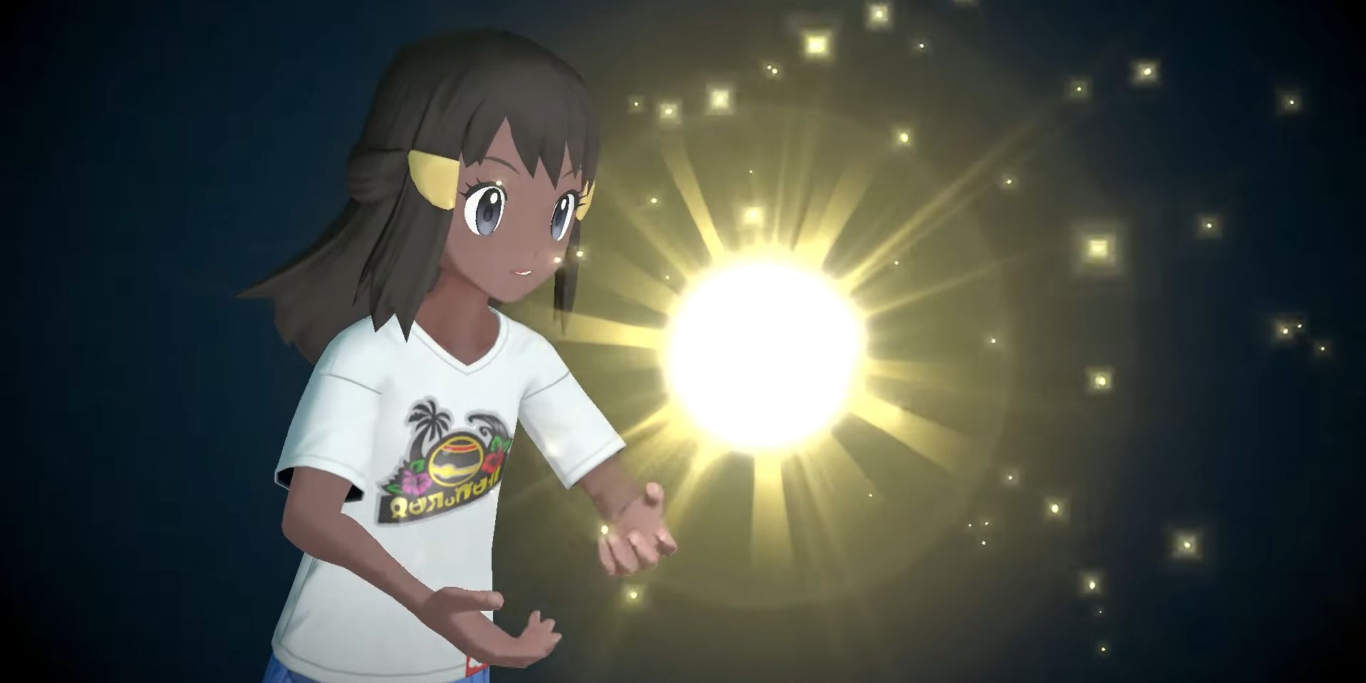 Uma personagem feminina de Pokémon Legends Arceus olha para uma bola de luz.