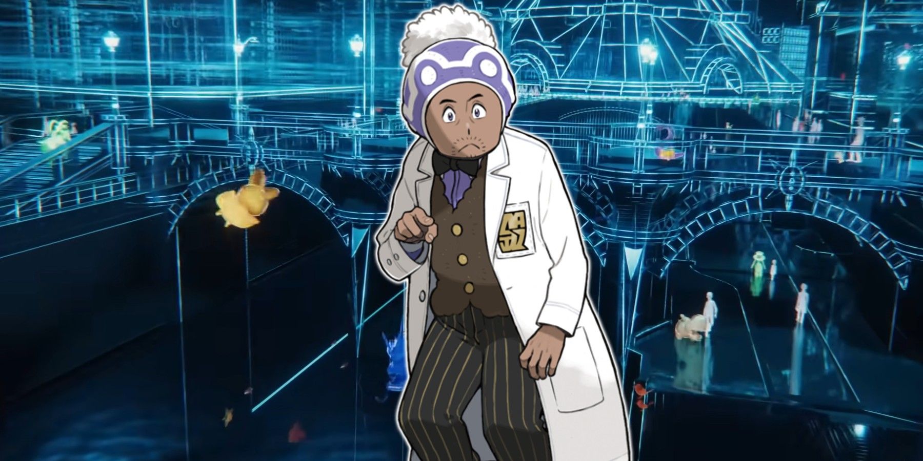Key art of Professor Laventon in front of a wireframe scene of Lumiose City from the first trailer for Pokémon Legends: Z-A.