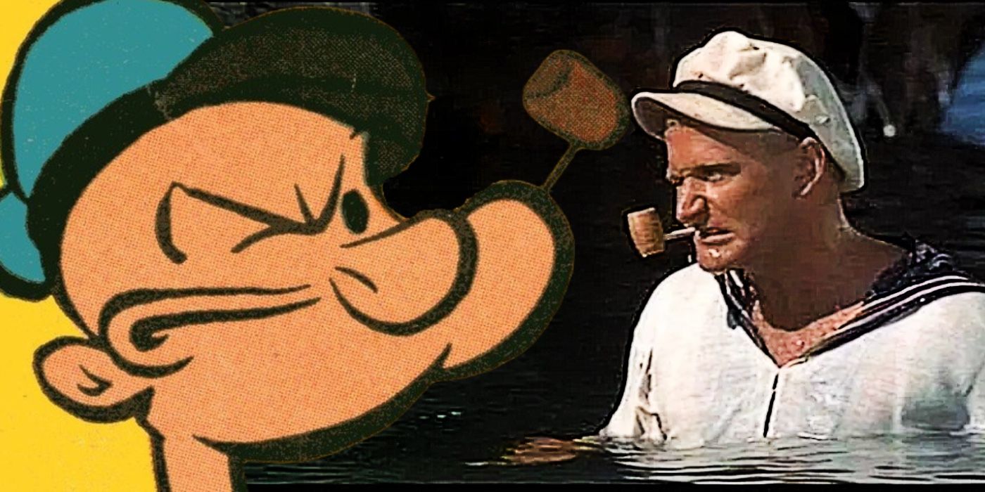A composite image of the comic strip version of Popeye against a yellow background in front of Robin Williams jumping out of the water as Popeye in the 1980 movie.