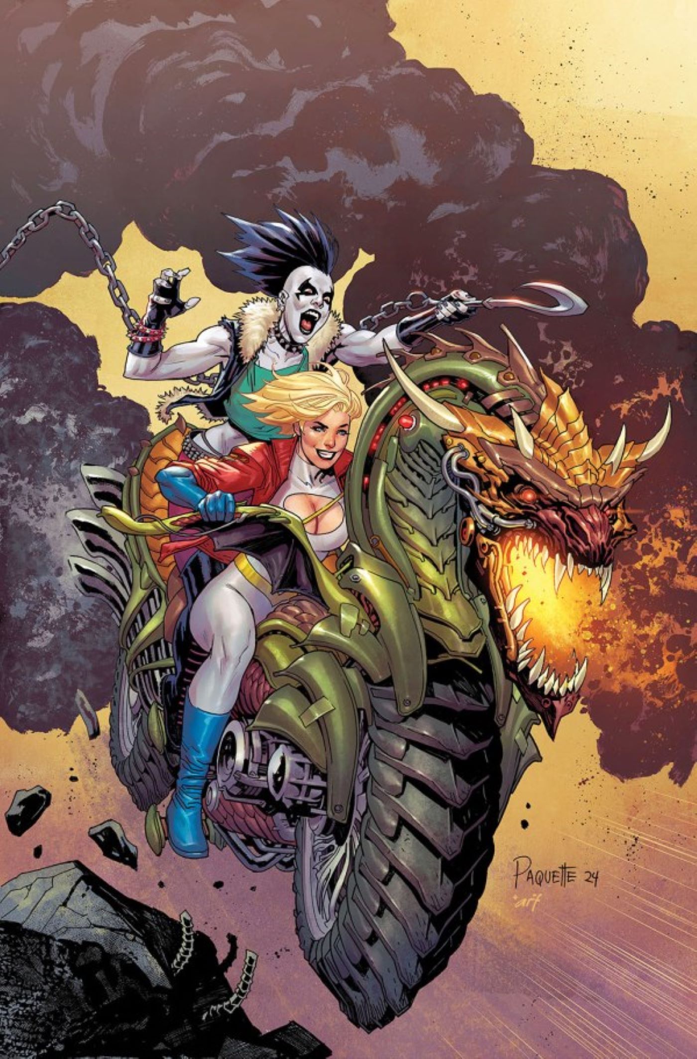 Capa da Power Girl #10 apresentando Crush e Paige andando de moto.