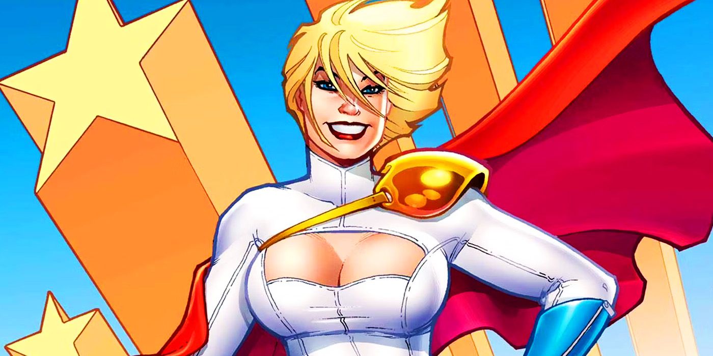 Power Girl in her white costume with red cape,against a blue backdrop with yellow-orange stars.