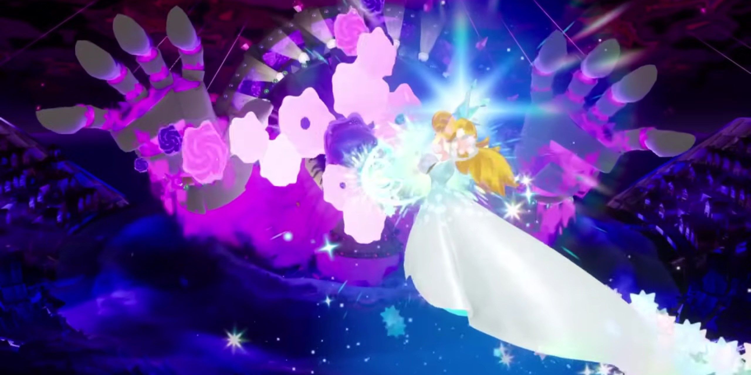 Radiant Peach from Princess Peach: Showtime! shooting cyan bursts of energy at a giant Madame Grape.