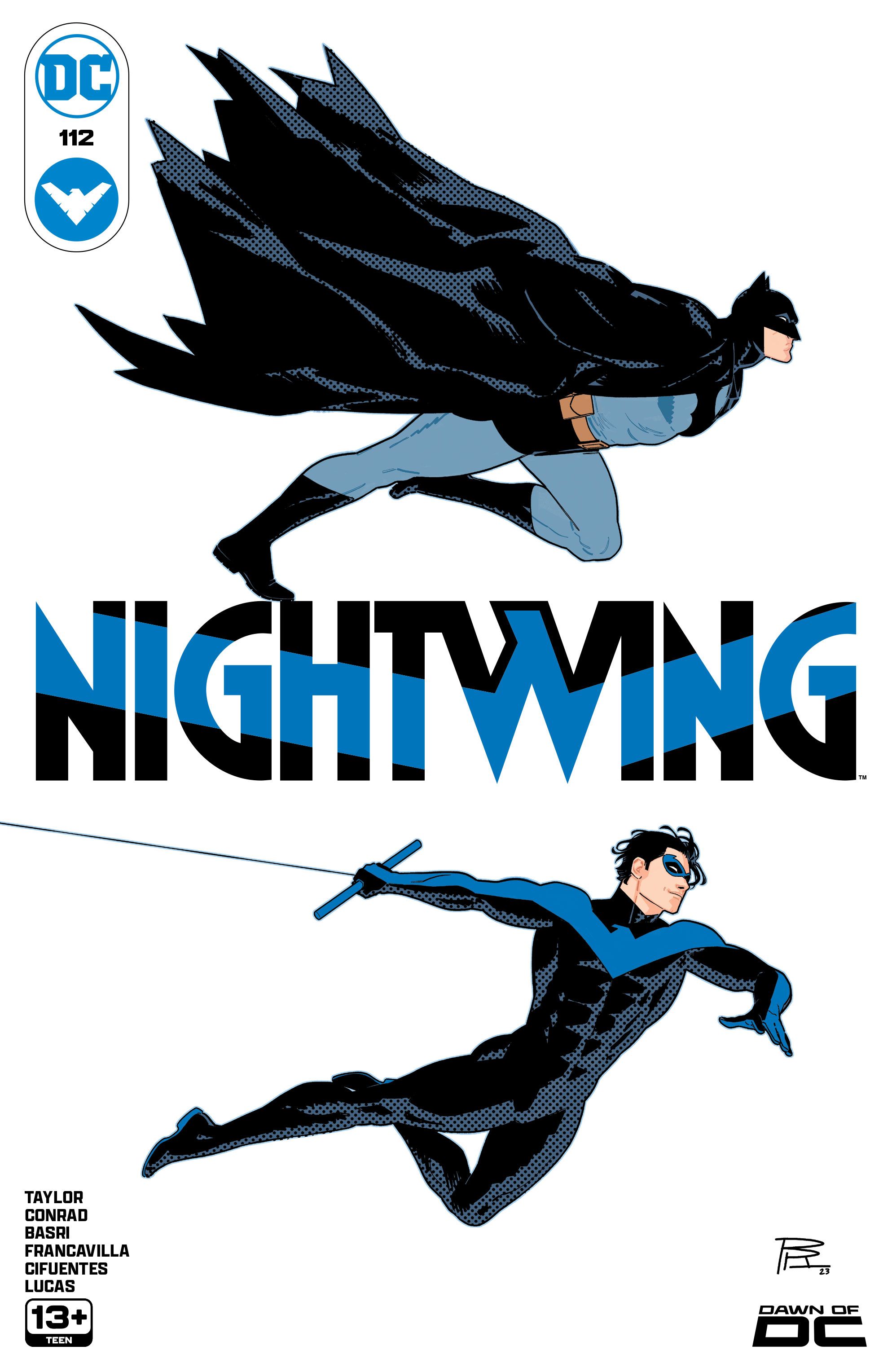 Nightwing 112 Main Cover: Batman and Nightwing moving to the right over a white background.