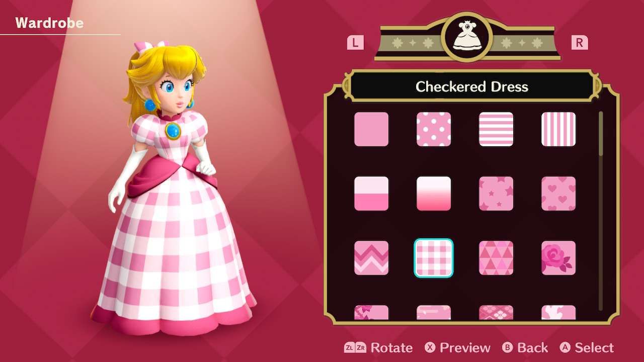 Princesa Peach usando o vestido xadrez em Princess Peach Showtime