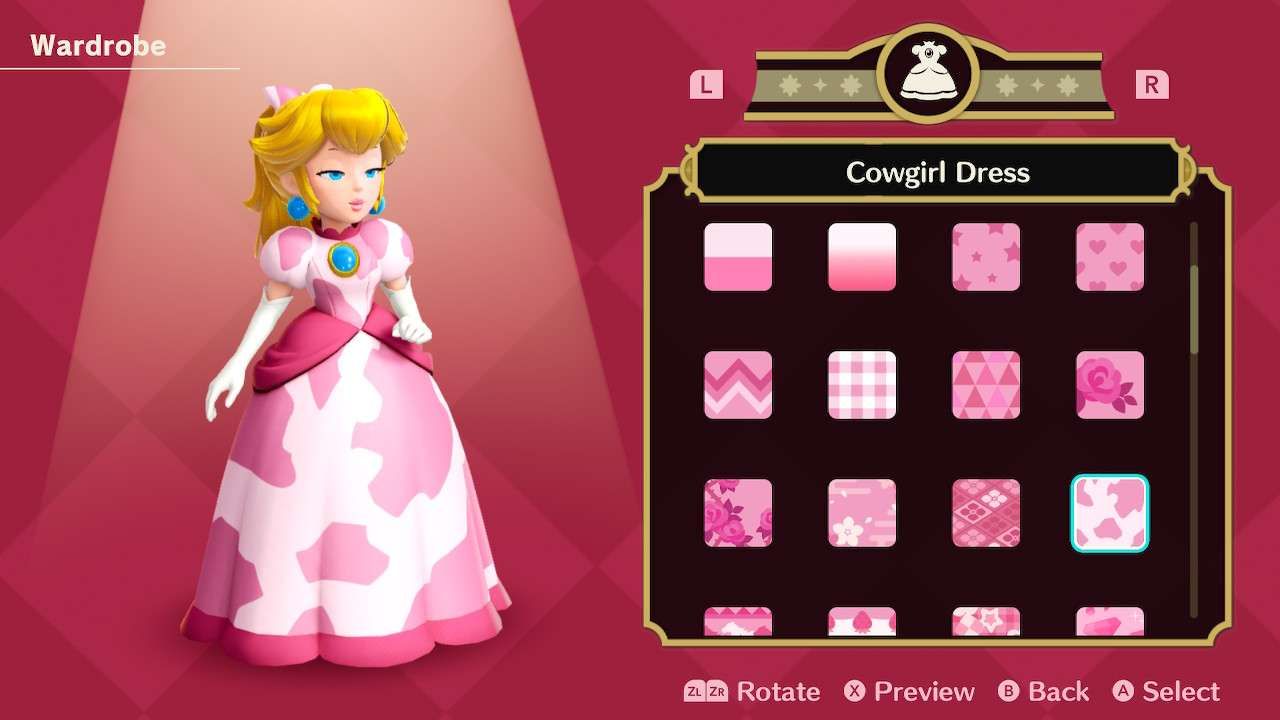 Princesa Peach usando o vestido Cowgirl em Princess Peach Showtime