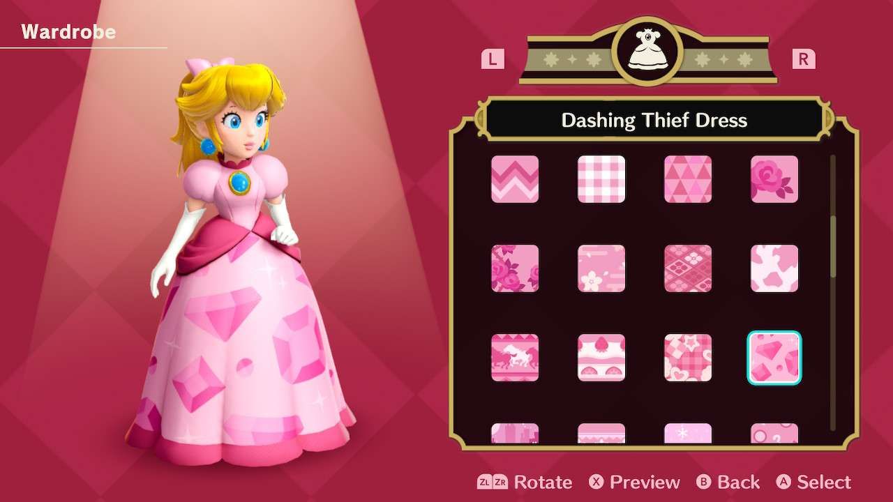 Princesa Peach usando o vestido Dashing Thief em Princess Peach Showtime