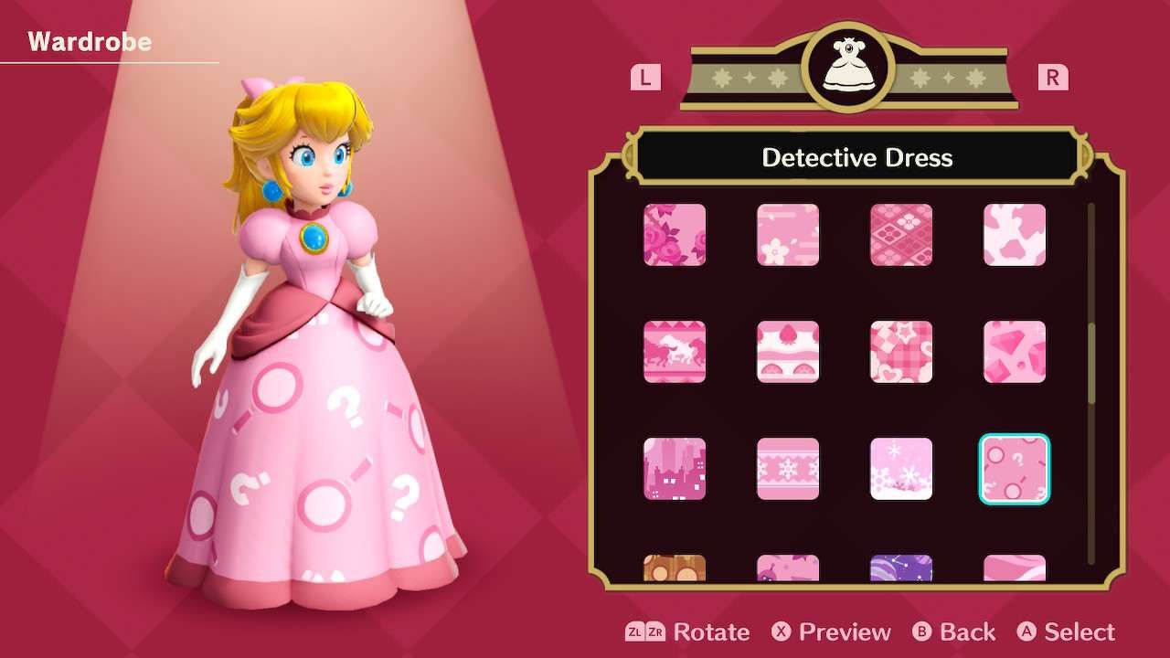 Princesa Peach usando o vestido de detetive em Princess Peach Showtime