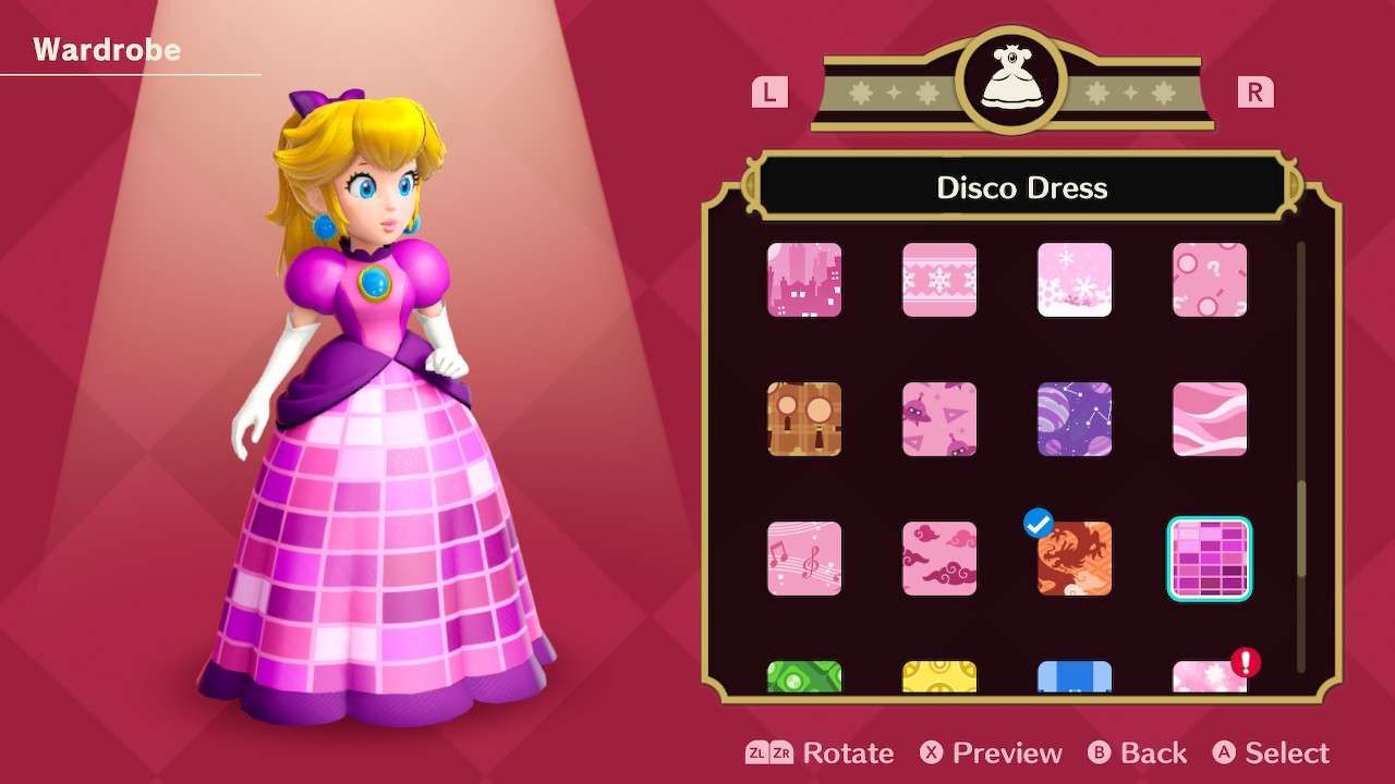 Princesa Peach usando o vestido Disco em Princess Peach Showtime