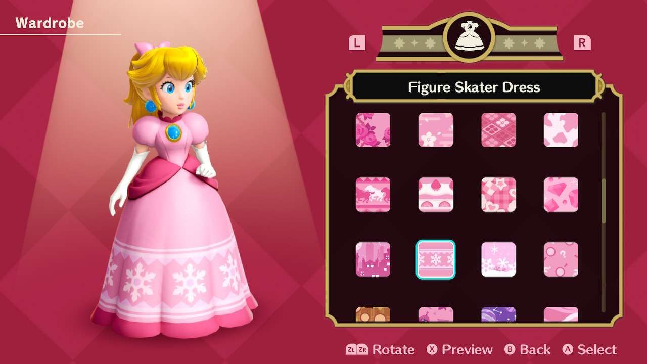 Princesa Peach usando o vestido de patinadora artística em Princess Peach Showtime