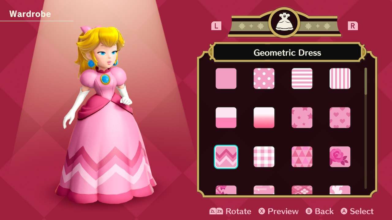 Princesa Peach usando o vestido geométrico em Princess Peach Showtime