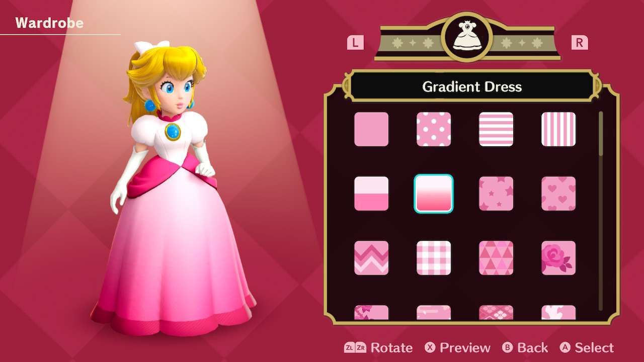 Princesa Peach usando o vestido gradiente em Princess Peach Showtime