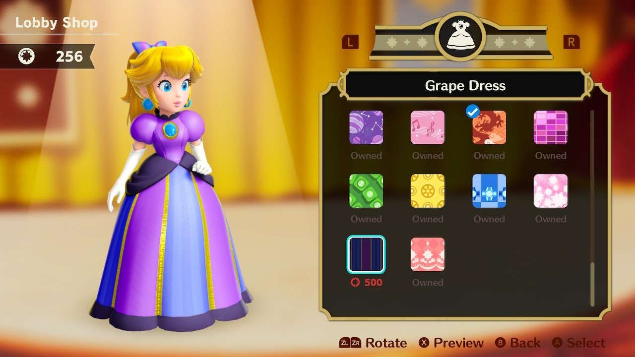 Princesa Peach usando o vestido uva em Princess Peach Showtime