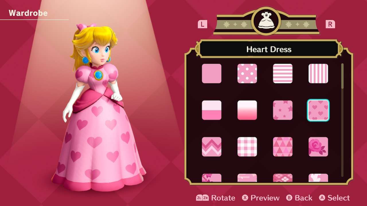 Princesa Peach usando o vestido de coração em Princess Peach Showtime