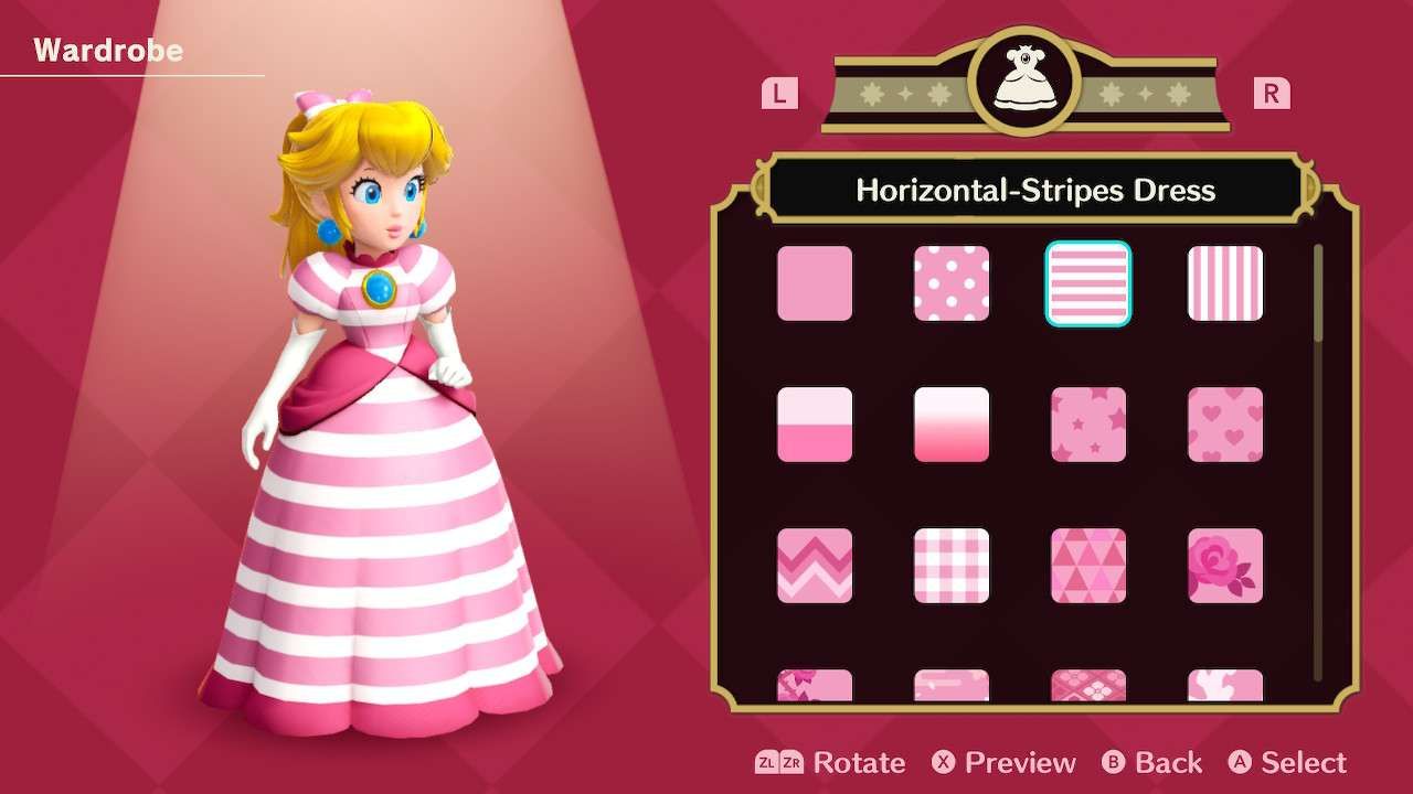 Princesa Peach usando o vestido com listras horizontais em Princess Peach Showtime