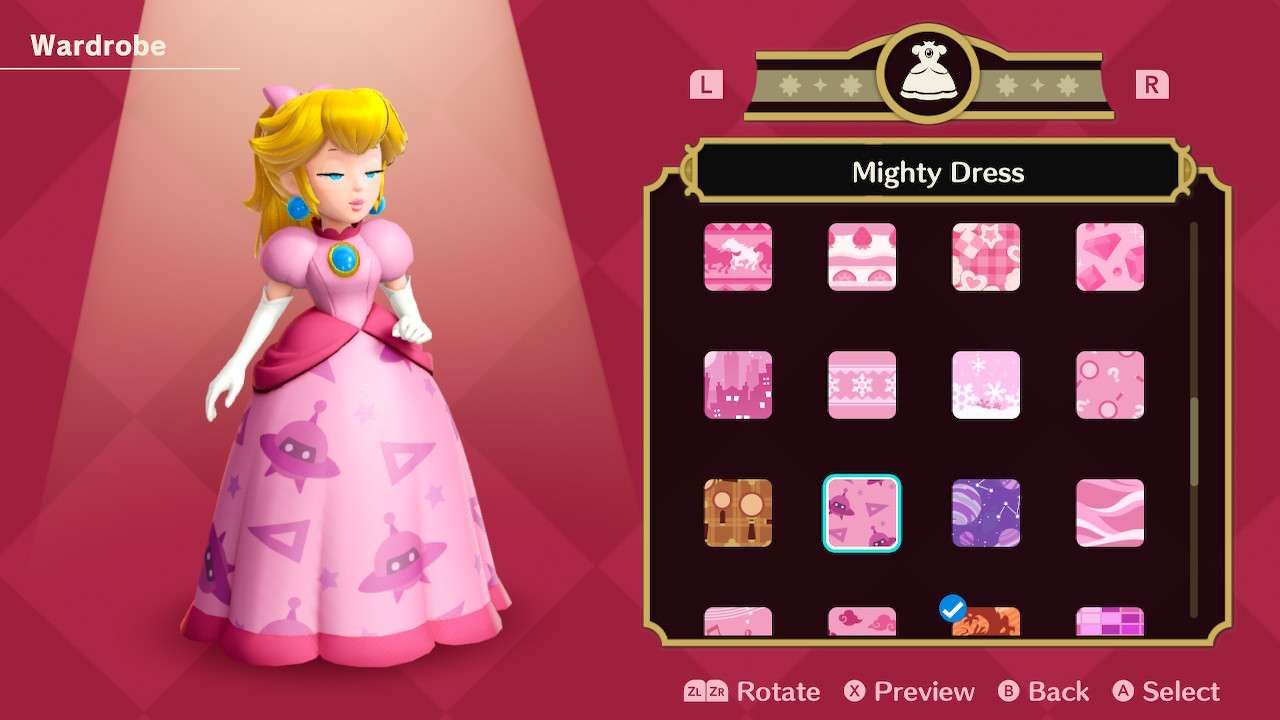 Princesa Peach usando o vestido poderoso em Princess Peach Showtime