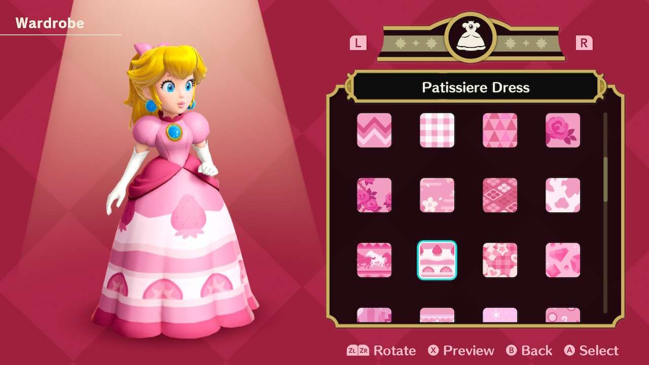 Princesa Peach usando o vestido Patissiere em Princess Peach Showtime