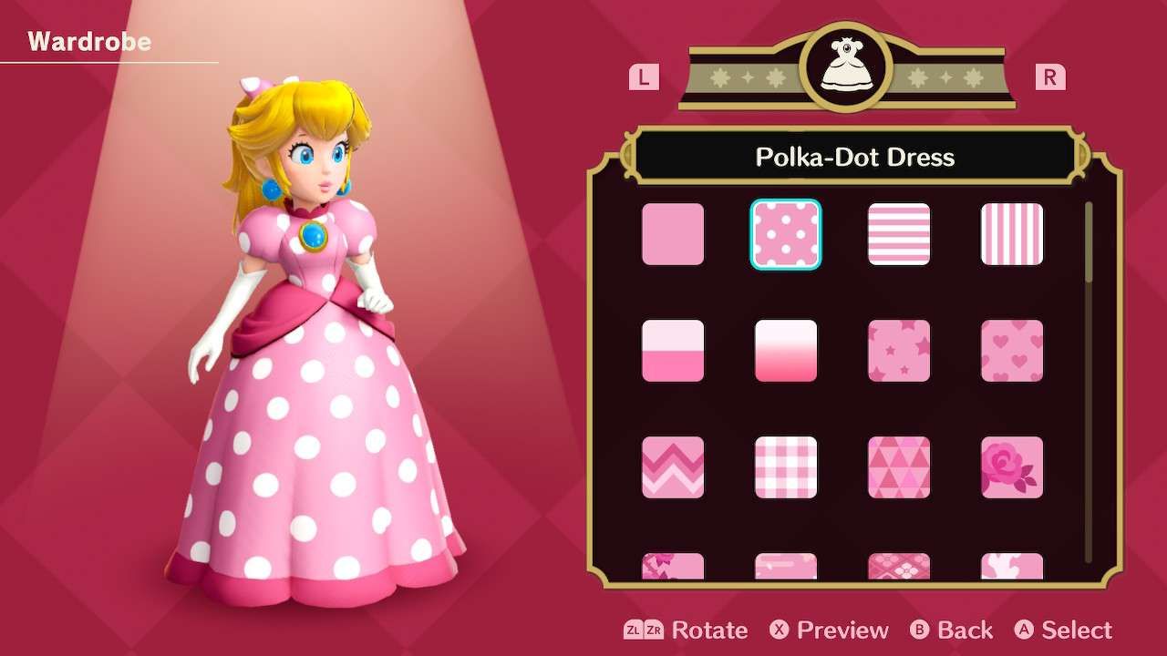 Princesa Peach usando o vestido de bolinhas em Princess Peach Showtime