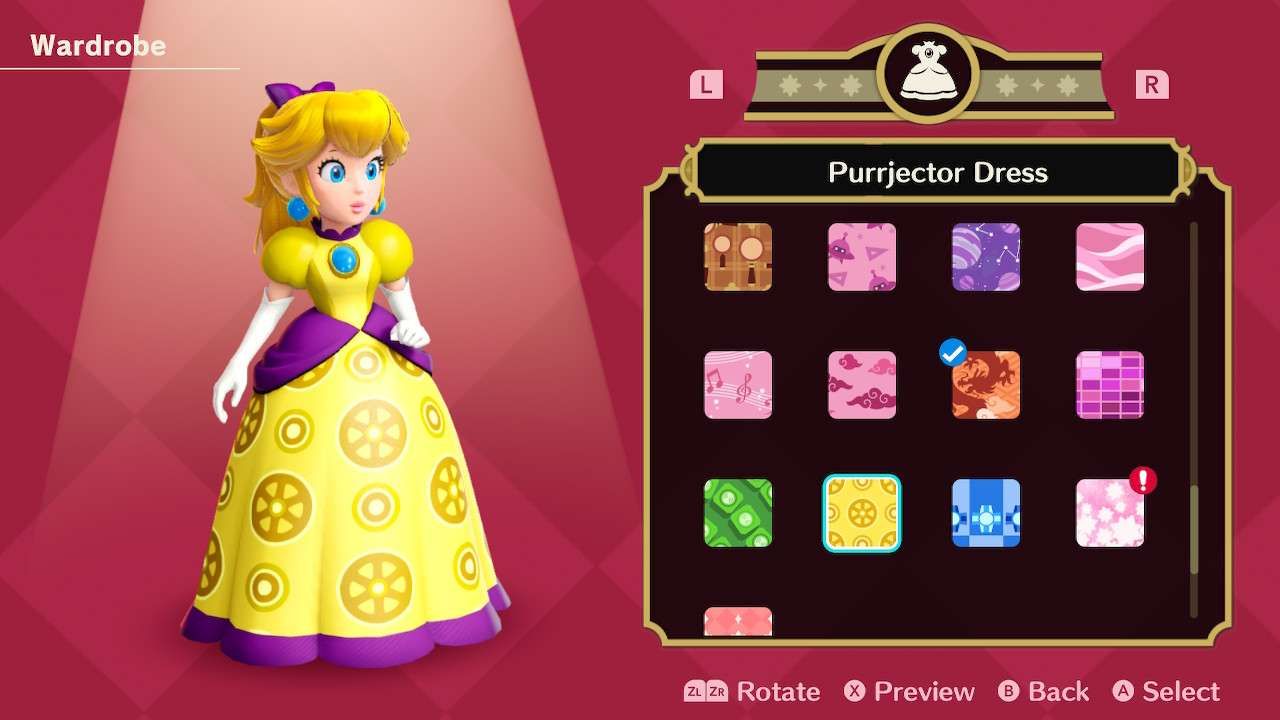 Princesa Peach usando o vestido Purrjector em Princess Peach Showtime