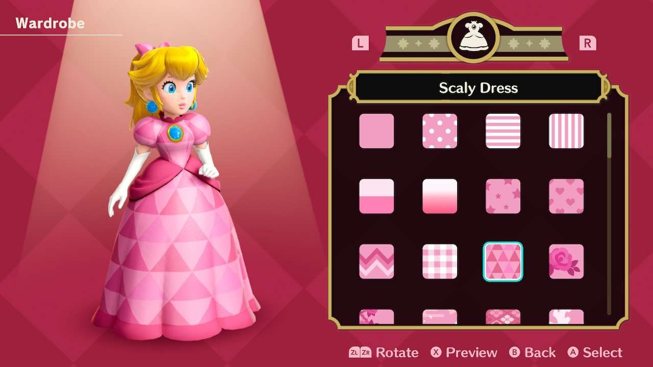 Princesa Peach usando o vestido escamoso em Princess Peach Showtime