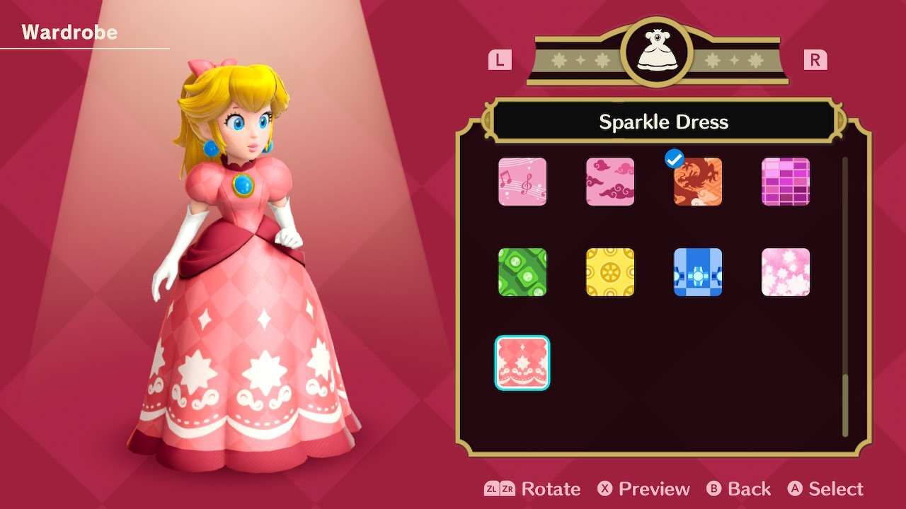 Princesa Peach usando o vestido brilhante em Princess Peach Showtime