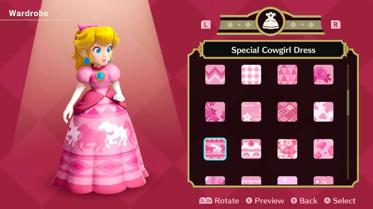 Princesa Peach usando o vestido especial de Cowgirl em Princess Peach Showtime