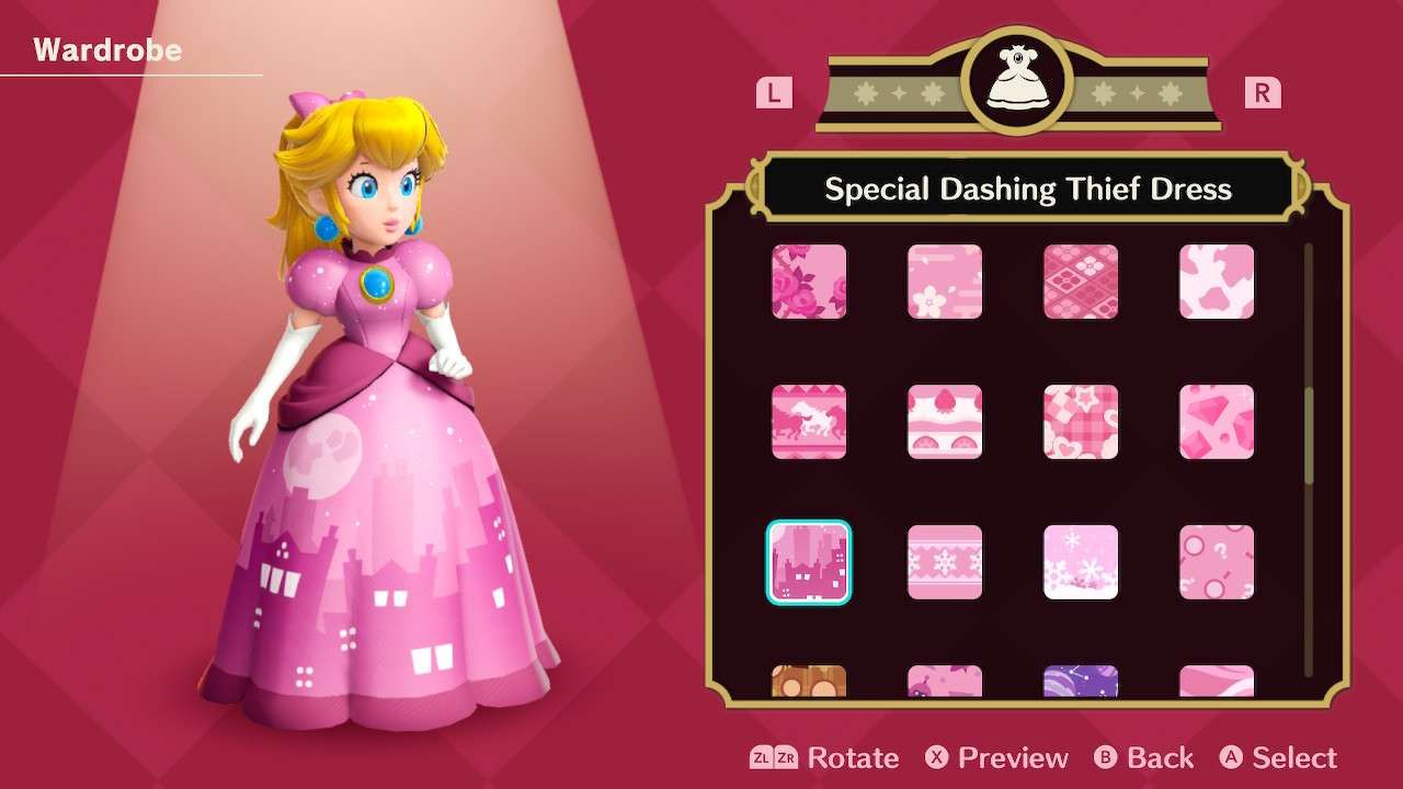 Princesa Peach usando o vestido especial de ladrão em Princess Peach Showtime