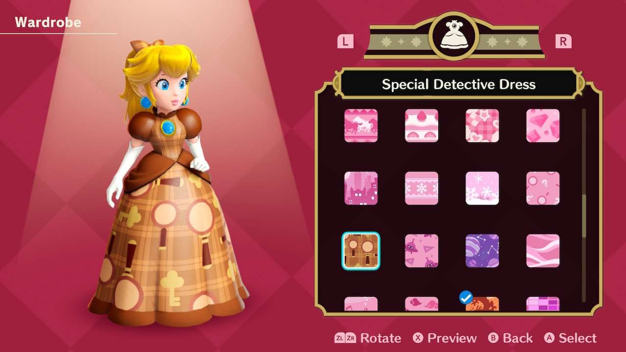 Princesa Peach usando o vestido de detetive especial em Princess Peach Showtime