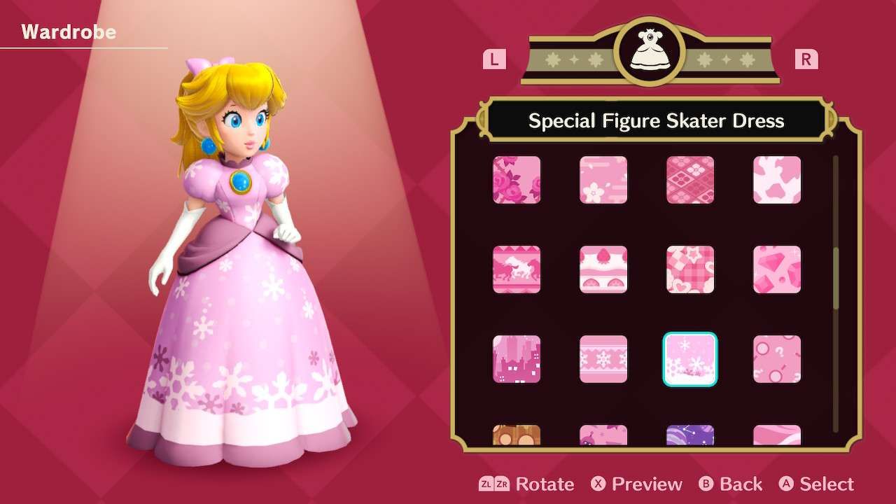 Princesa Peach usando o vestido especial de patinadora artística em Princess Peach Showtime